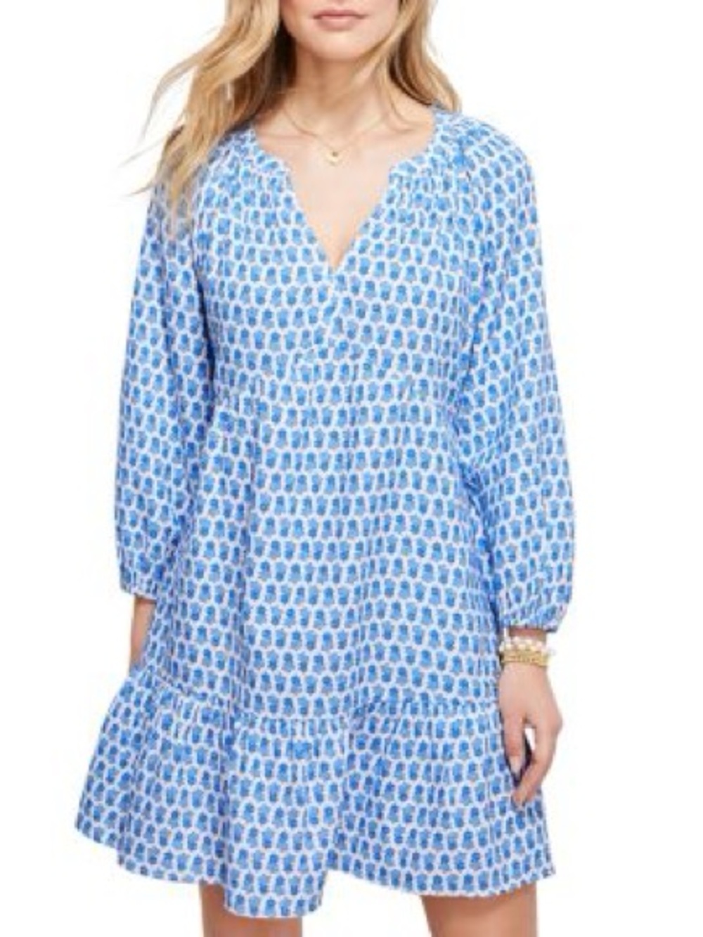 Vineyard Vines Seastitch Block Printed Tiered Balloon Long Sleeve Dress Small